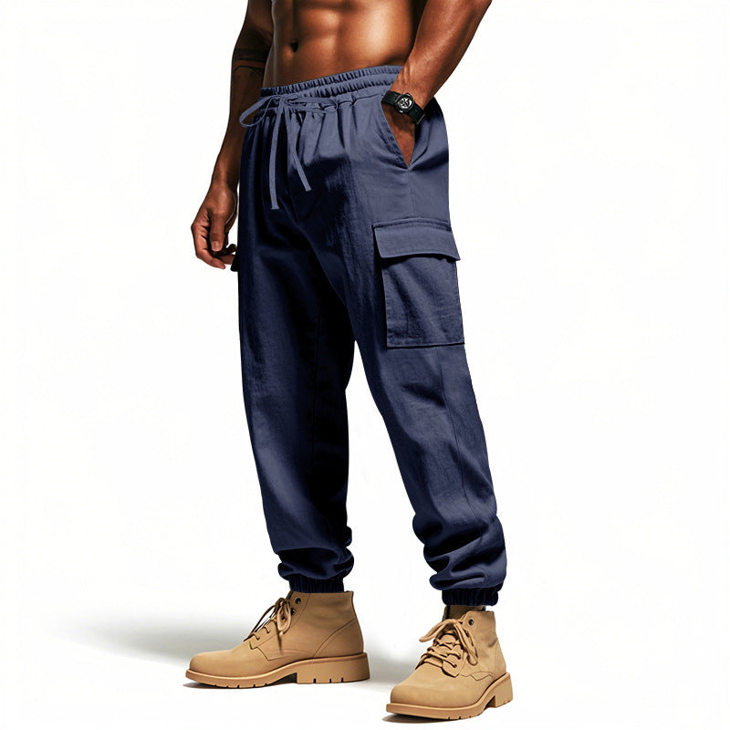 Loose Multi-pocket Workwear Ankle Banded Slacks Navy Blue GlamzKart