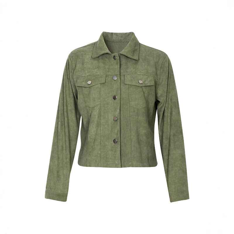 Women's Corduroy Long Sleeve Jacket - Casual Button-Up Coat With Flap Pockets