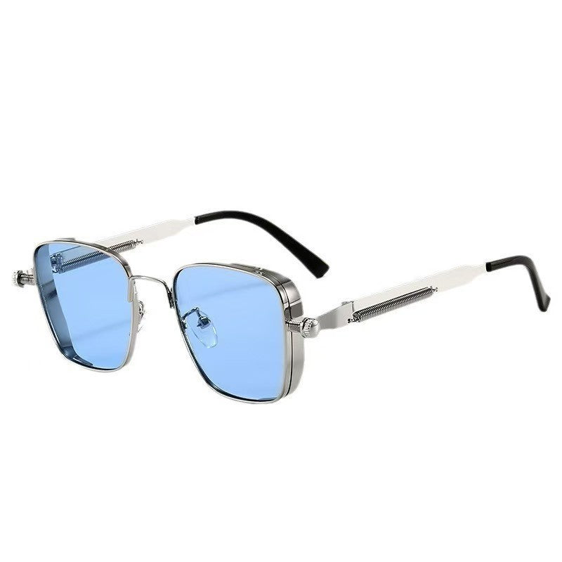 Men's Box Metal Retro UV Sun Glasses Silver Frame Blue Lens GlamzKart