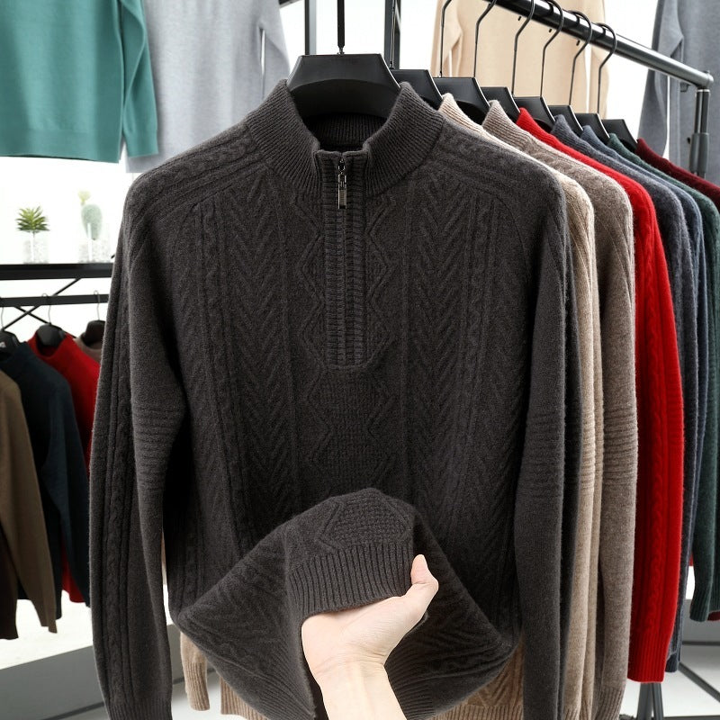 All Wool Men's Sweater Half Turtleneck Zipper Sweater Dark Gray Coffee GlamzKart
