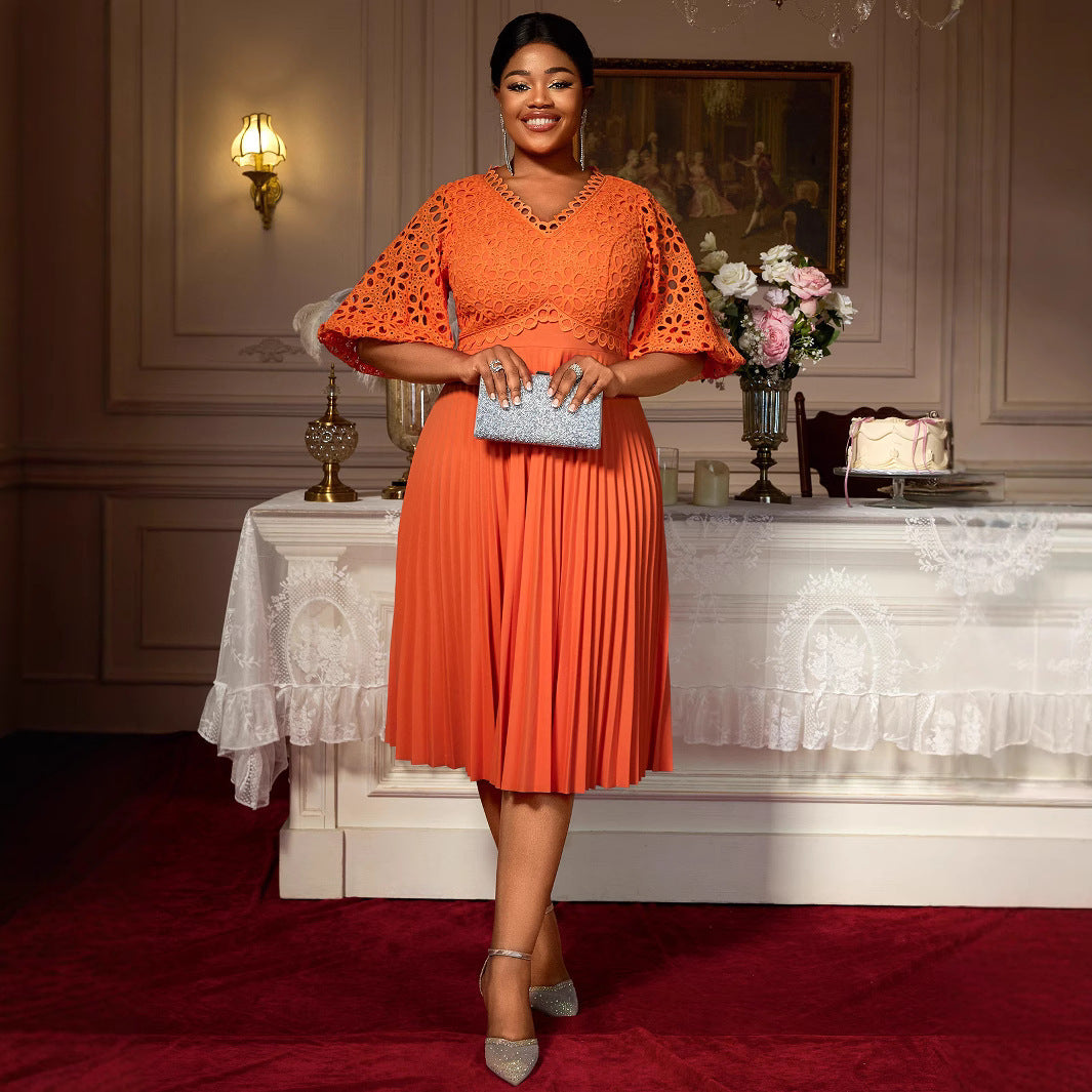 Lace Hollow Pattern Puff Sleeve V-neck Slimming A Swing Elegant Pleated Dress GlamzKart