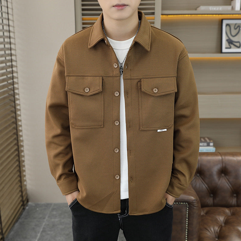 Twill Knitted Lapel Shirt Jacket Coat Brown GlamzKart