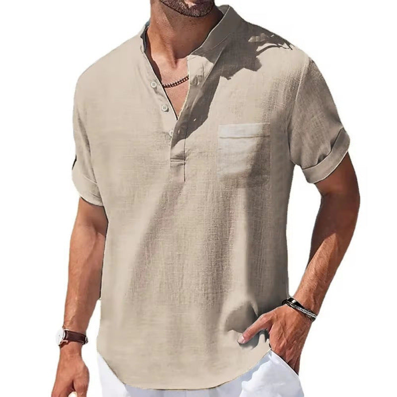 Cotton Linen Linen Men's Short-sleeved T-shirt Khaki GlamzKart