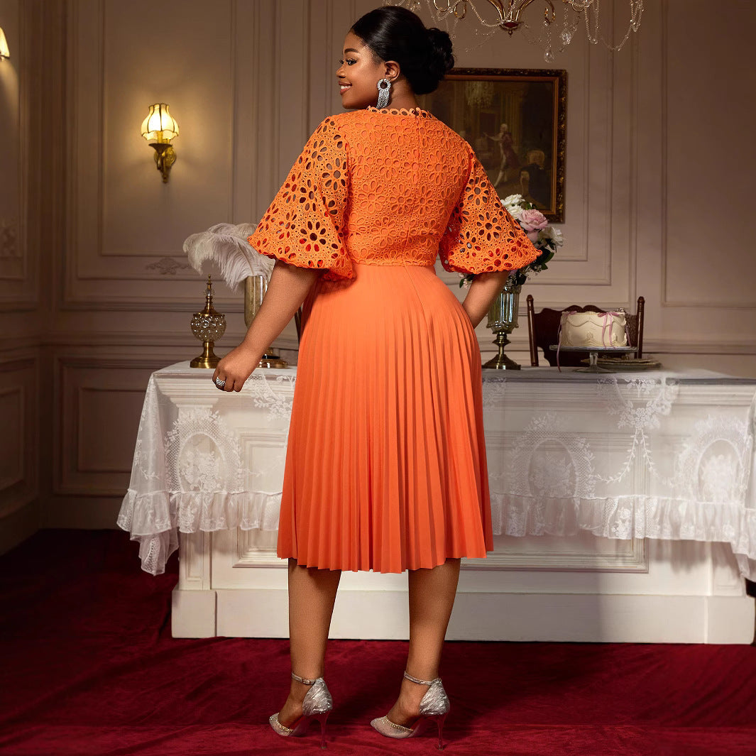 Lace Hollow Pattern Puff Sleeve V-neck Slimming A Swing Elegant Pleated Dress GlamzKart