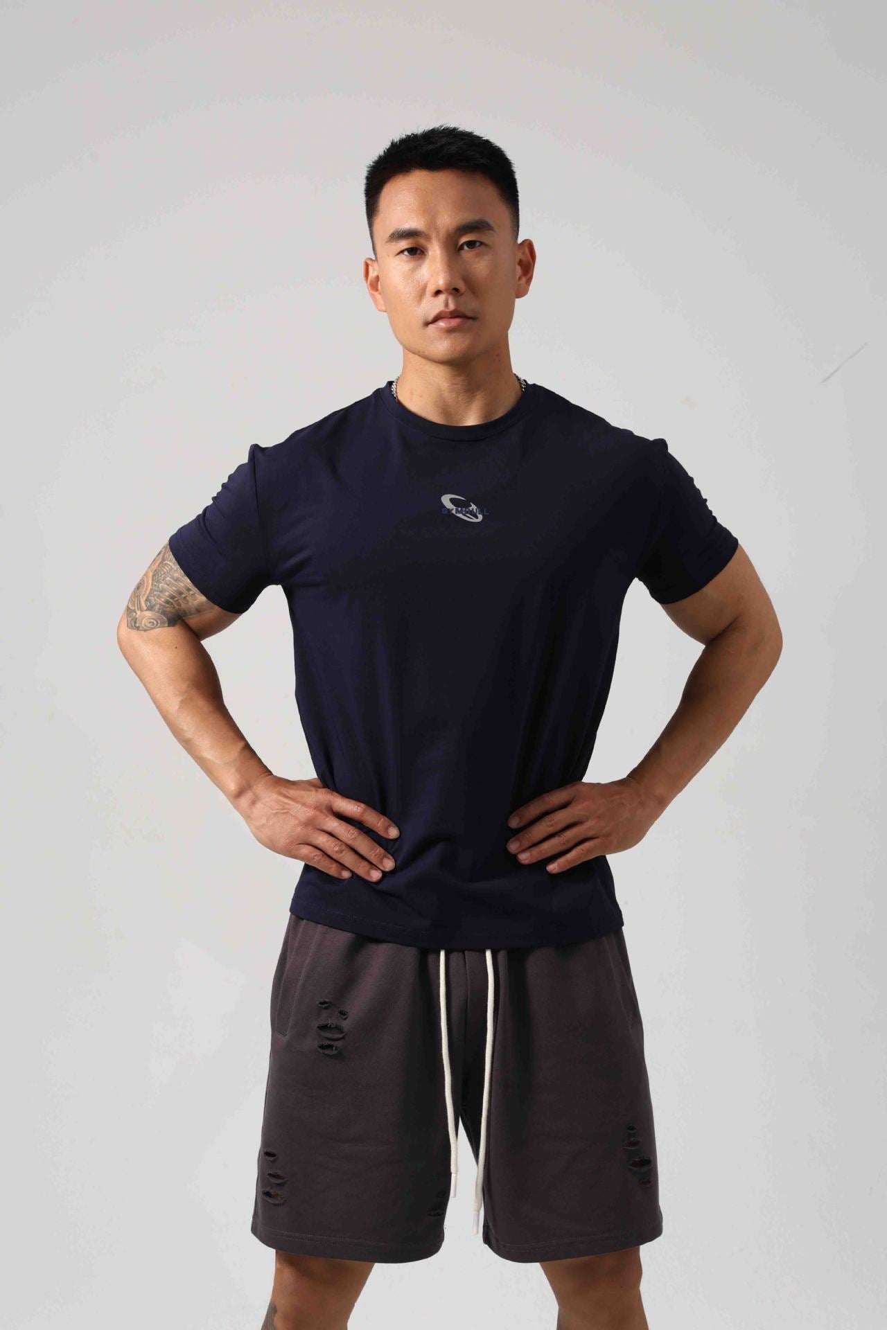 Men's Short Sleeve New Small Neckline Show Muscle Sports Fitness Short Sleeve Printed G81 Navy Blue GlamzKart