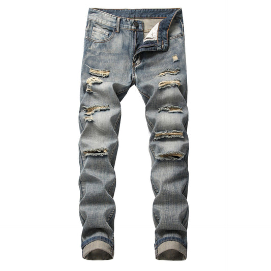 Men's Ripped Straight Slim Fit Non-stretch Jeans GlamzKart