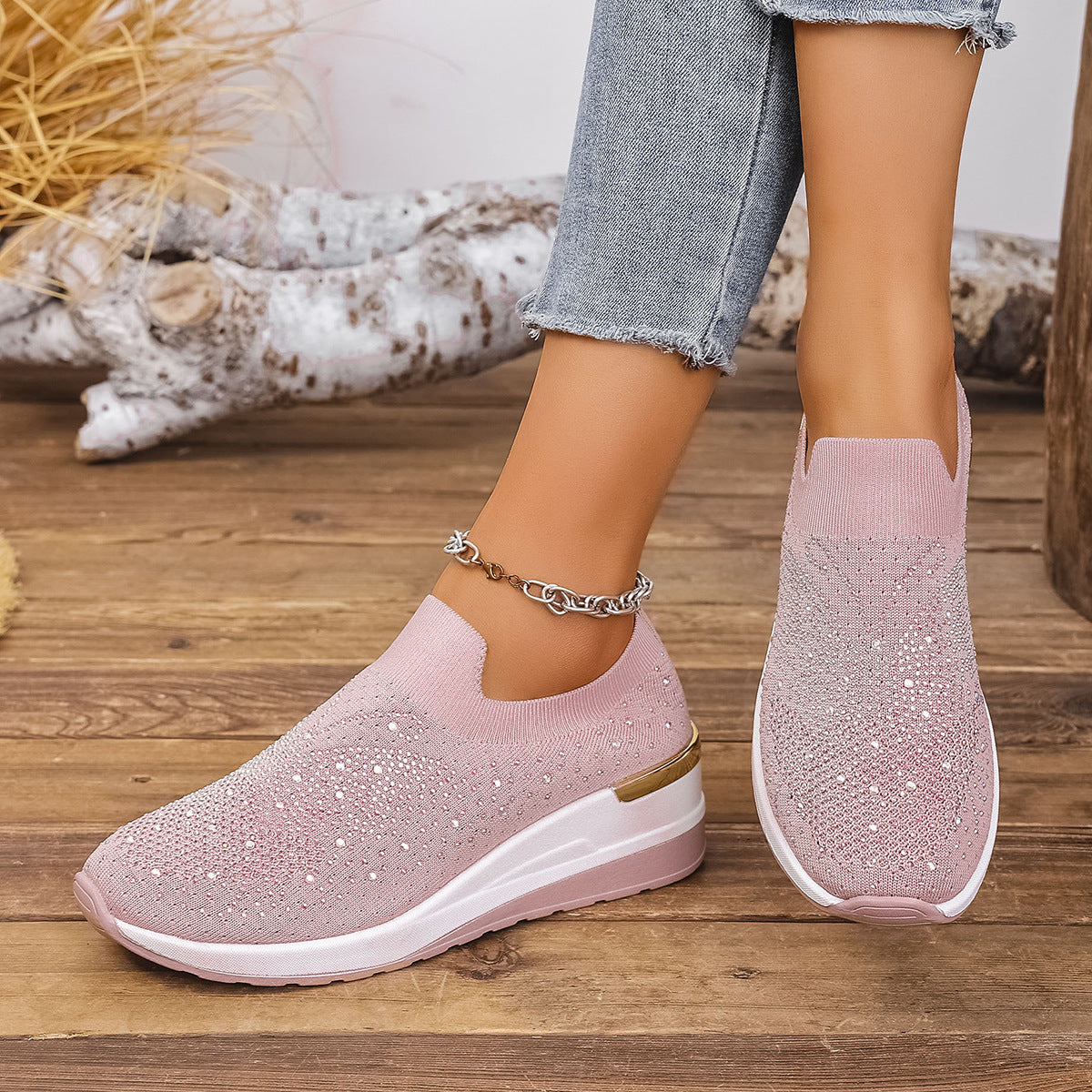Pumps Women's Summer Wedge Round Toe Rhinestone Slip-on Women's Pumps Pumps GlamzKart