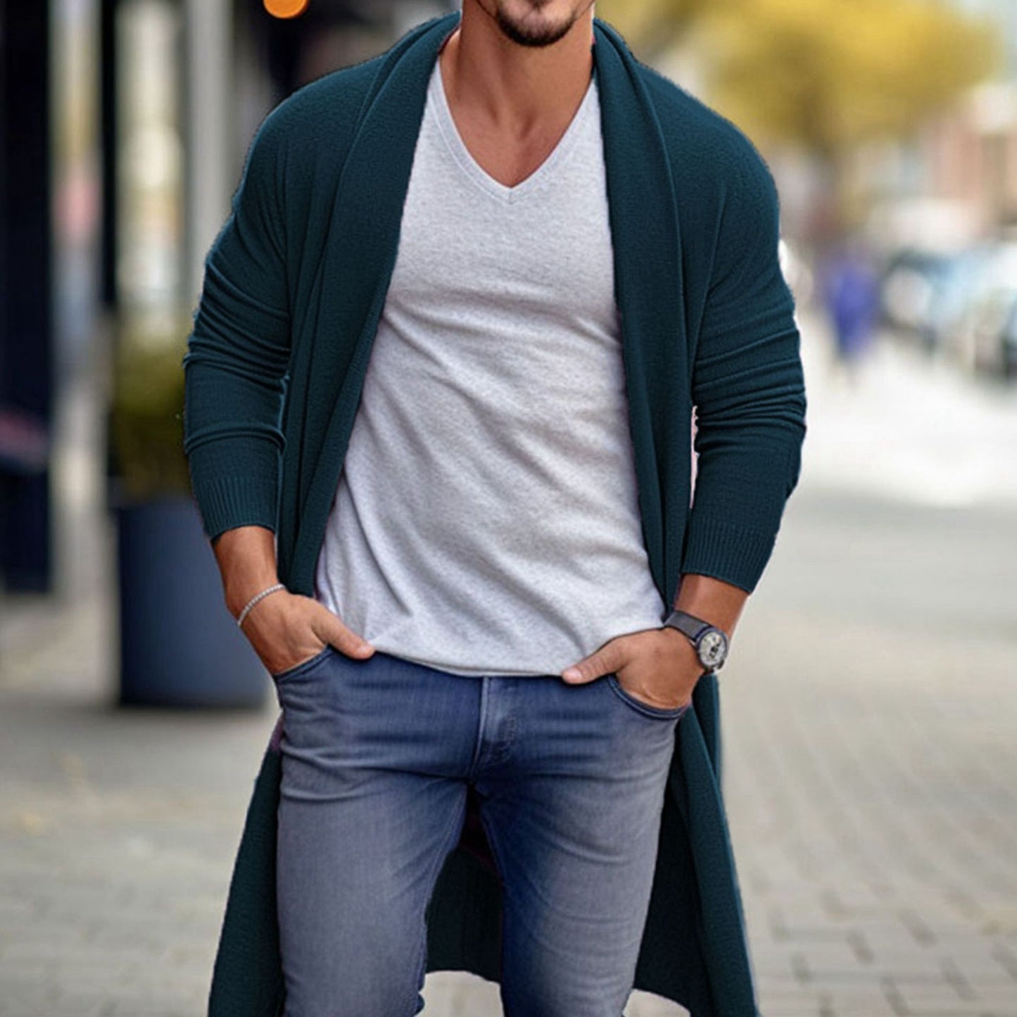 Fashion Personality Men's Loose Long Woolen Coat Sapphire Blue GlamzKart
