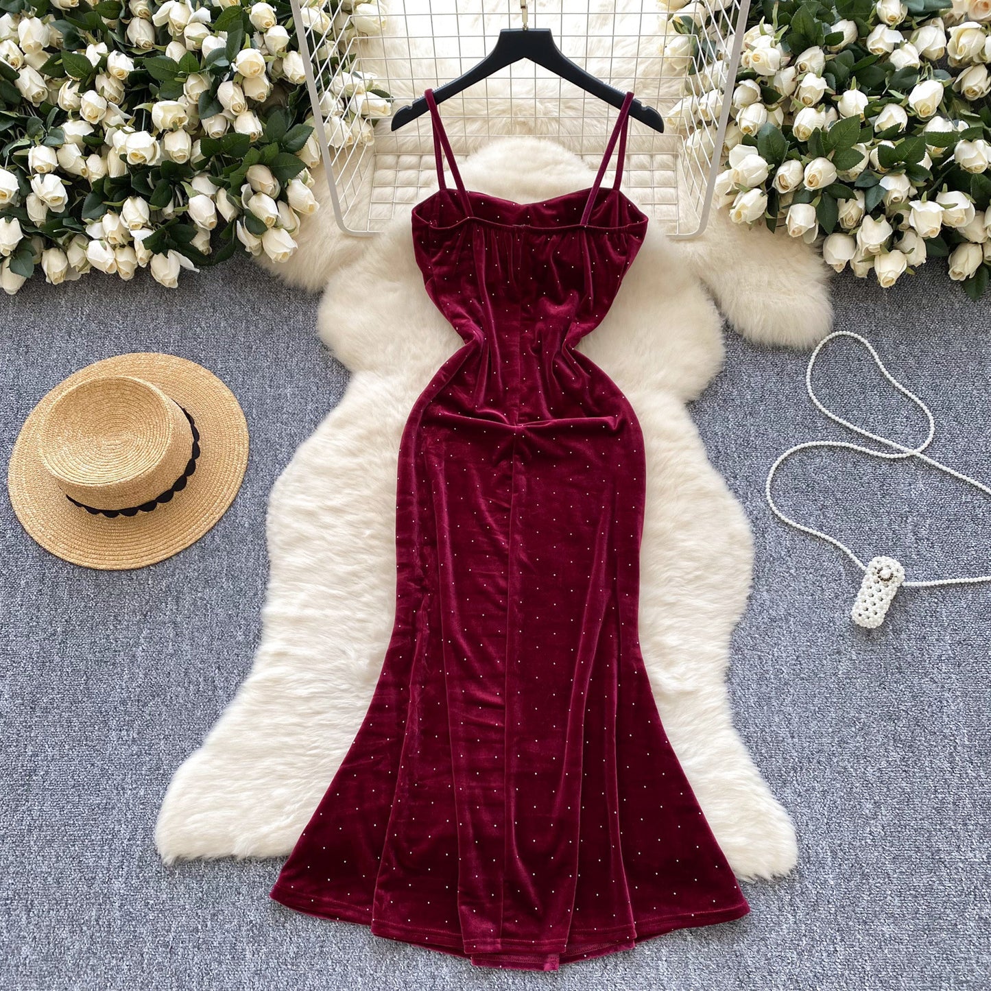 Women's Sexy Socialite Pleated Waist Tight Suspender Dress Wine Red GlamzKart