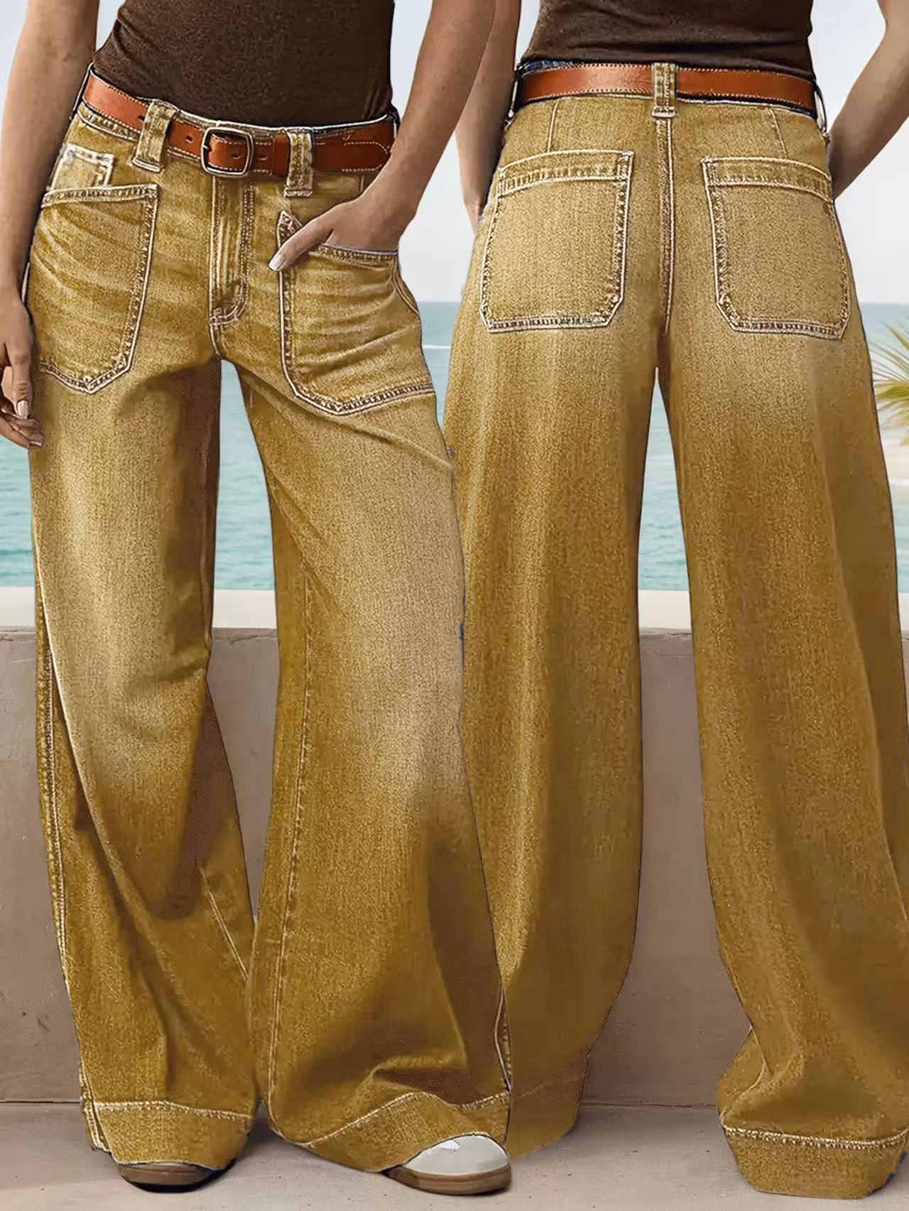 Loose Slimming Ladies Wide-leg Straight Pants Denim Ankle-length Pants Khaki GlamzKart