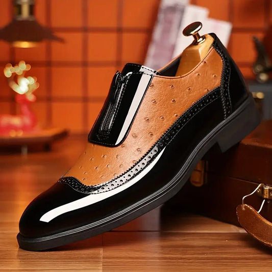 Ostrich Grain Embossed Zipper Pointed Plus Size Bright Leather Chelsea Men's Shoes GlamzKart