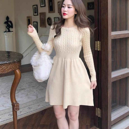 Waist-tight Temperament Slimming Sweater Dress Round Neck Base Twist