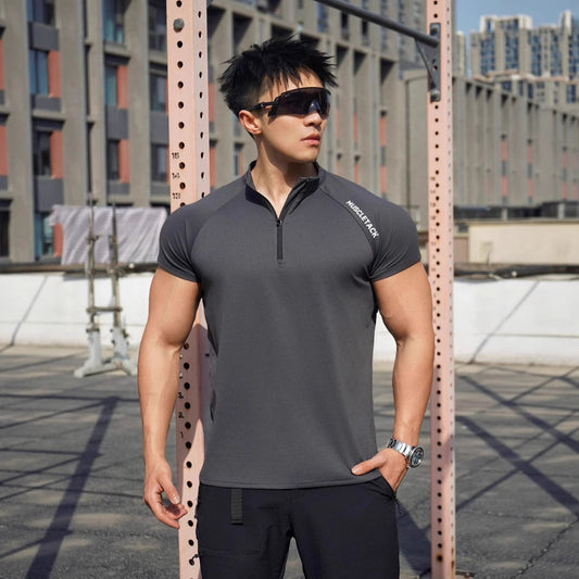 Short Sleeve Outdoor Sports Half Zipper Stand Collar T-shirt GlamzKart