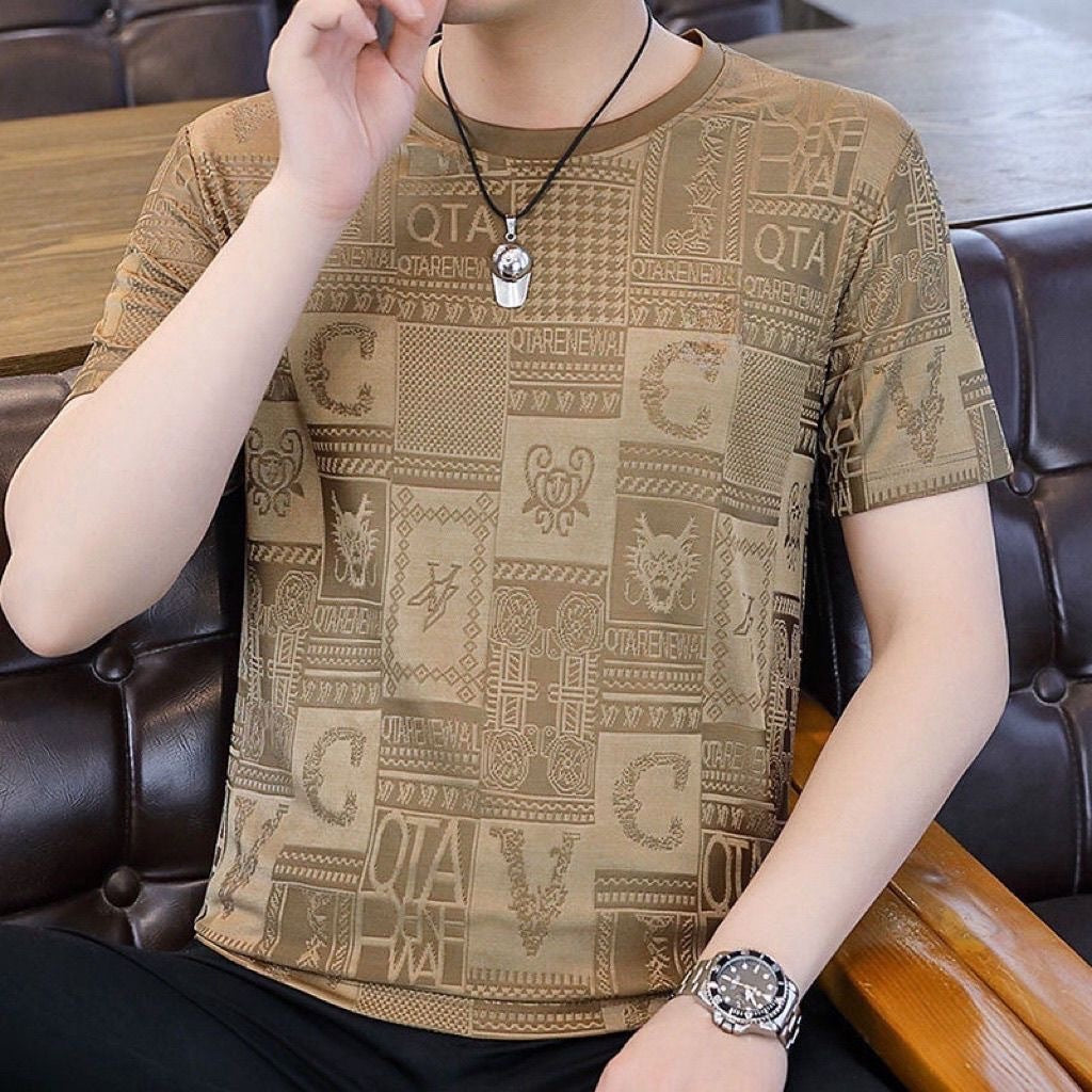 New Ice Silk Men's Short Sleeve All-match Fashion Round Neck T49 Khaki GlamzKart