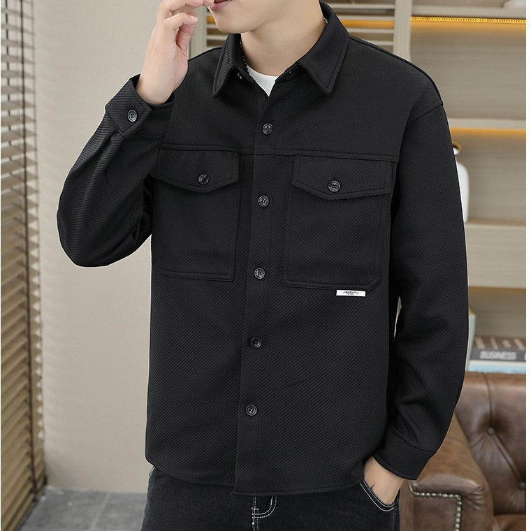 Twill Knitted Lapel Shirt Jacket Coat Black GlamzKart
