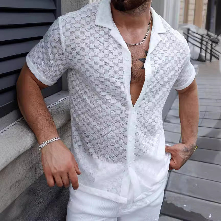 Men's Solid Color Lace Hollow Comfort Casual Shirt GlamzKart