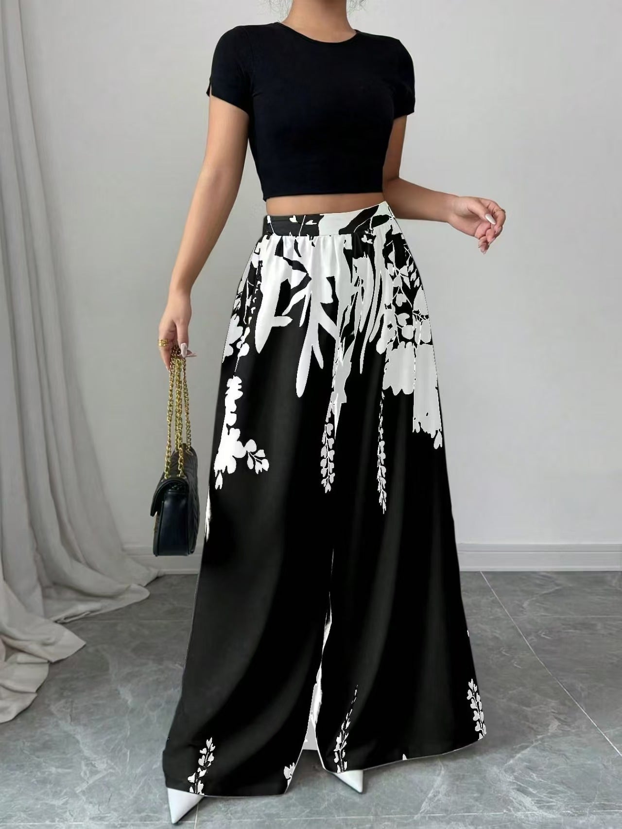 Fashion Printing Lace-up Waist-controlled Slimming Women's Casual Pants Black GlamzKart