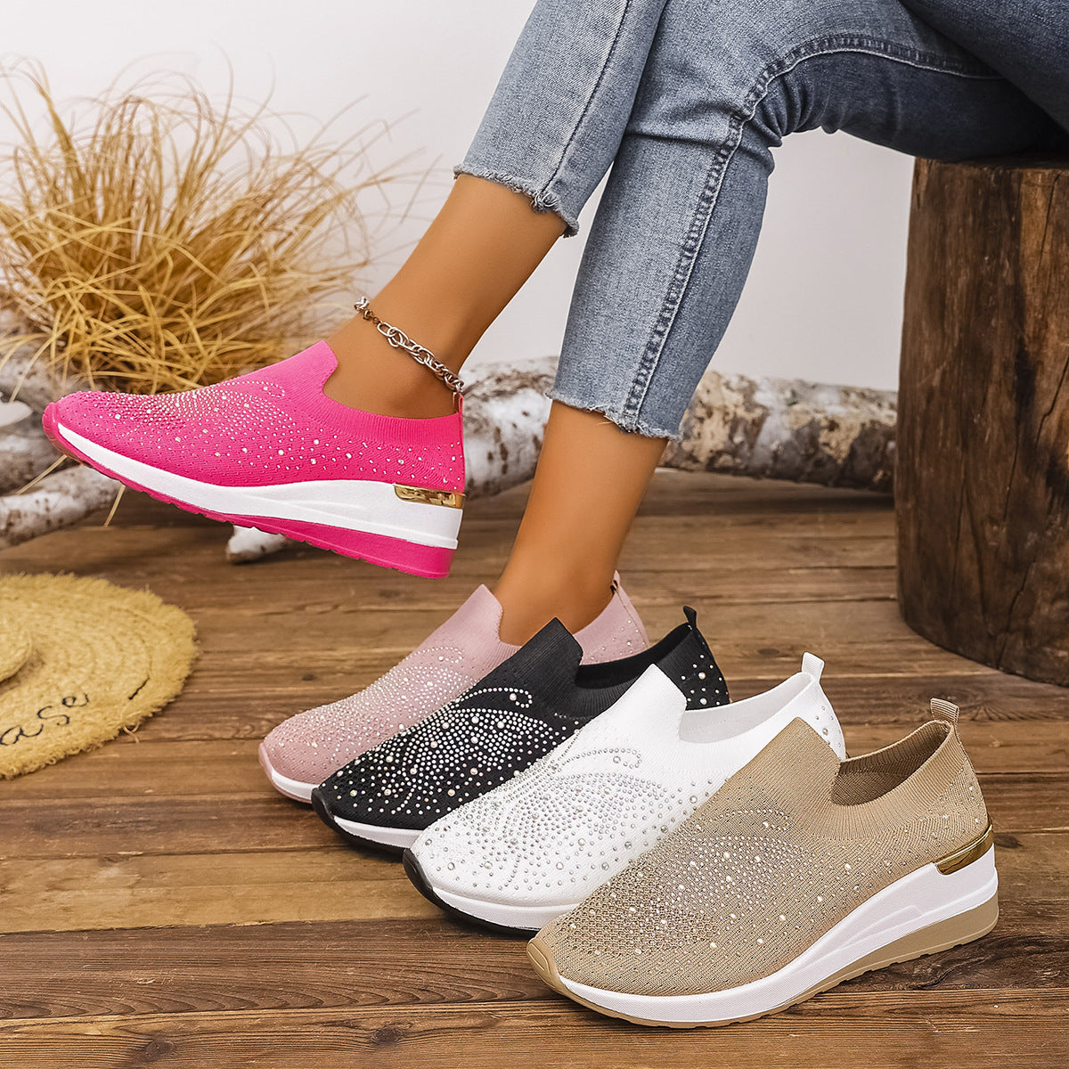 Pumps Women's Summer Wedge Round Toe Rhinestone Slip-on Women's Pumps Pumps GlamzKart