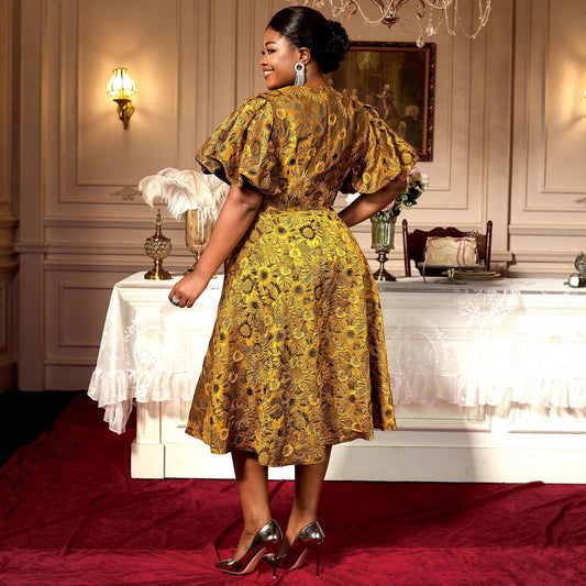 Puff Sleeve Jacquard Square Collar A Swing Long Cocktail Party Dress GlamzKart