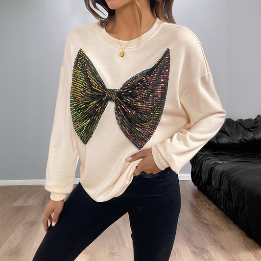 Sequined Bow Crew Neck Pullover Sweatshirt Women GlamzKart