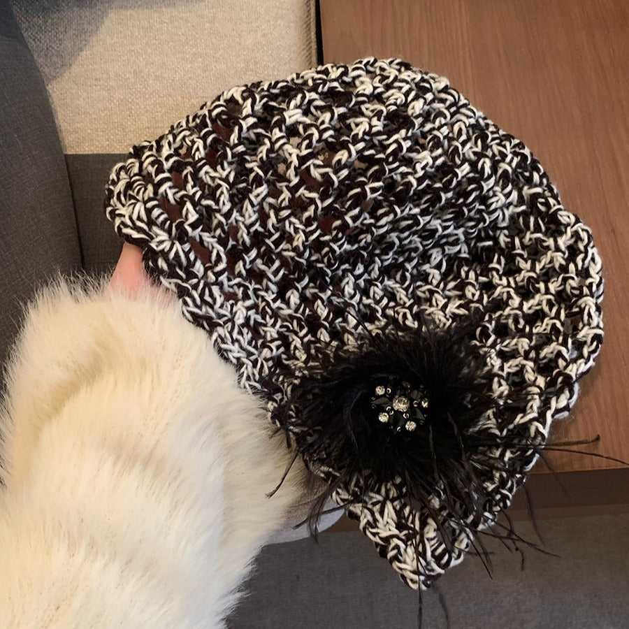 French Retro Black Feather Hand-woven Knitted Hat Black M GlamzKart