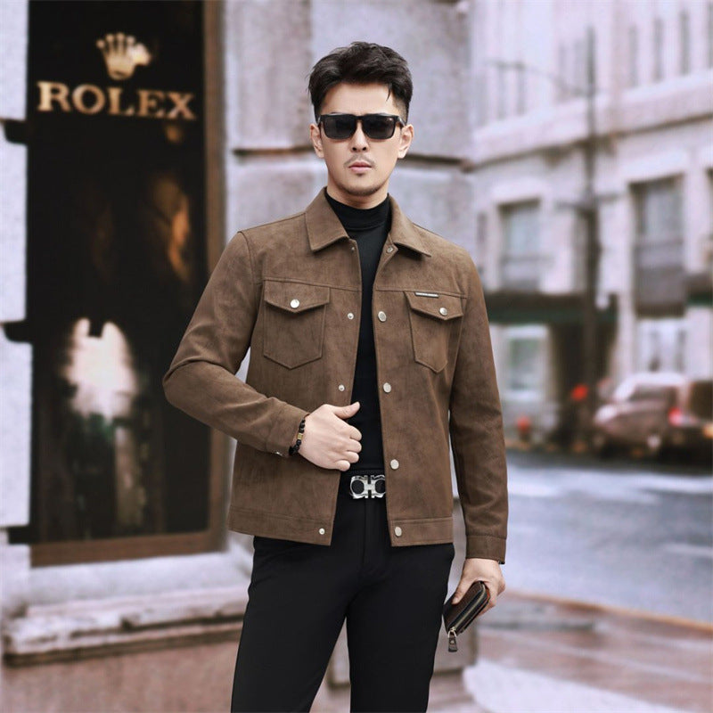 Suede Leather Jacket Men's Slim-fit High-grade Pu Handsome Retro Biker's Brown PU Leather GlamzKart