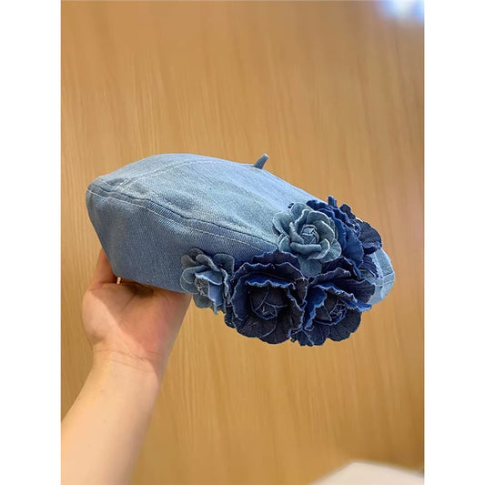 Japanese Minority Contrast Color Three-dimensional Flowers Denim Beret GlamzKart