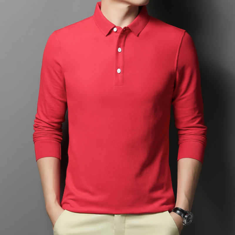 Casual And Comfortable Fashion Classic Solid Color Long Sleeve Lapel Polo Shirt Red GlamzKart