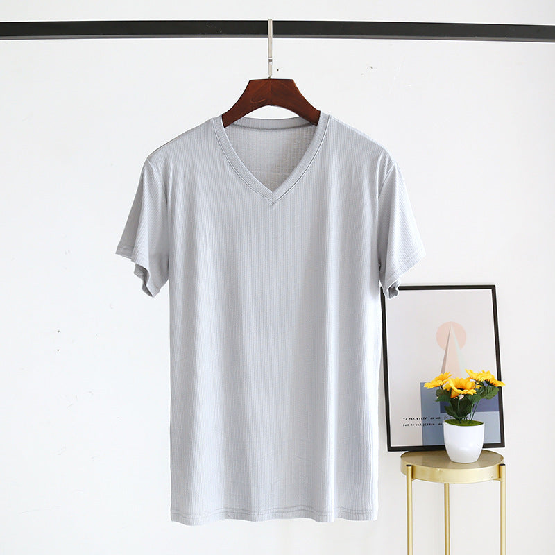 Men's Summer Jacquard Modal Outerwear T-shirt Pajamas Solid Color Sweat-absorbent Cool Breathable Fabric V neck Light Gray GlamzKart