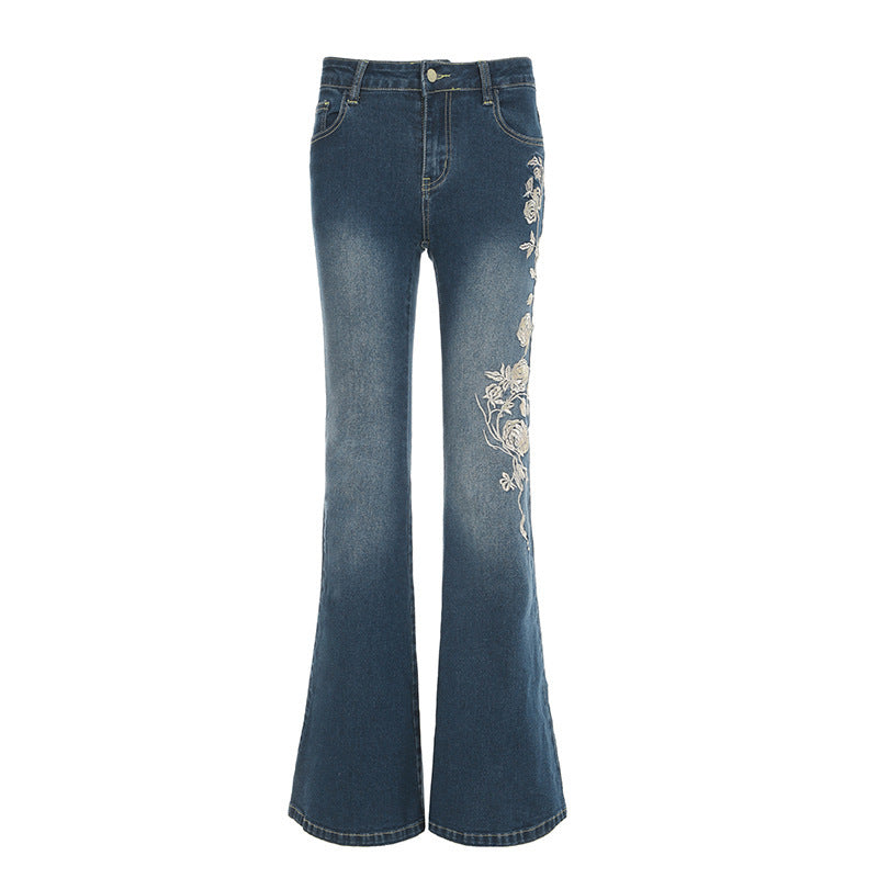 Women's Rose Embroidered Flared Jeans Blue GlamzKart