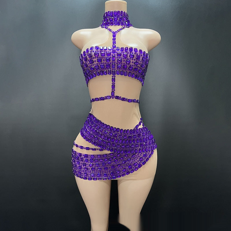 High-end And Fashionable Rhinestone Tube Top Short Skirt Top Vest Purple GlamzKart