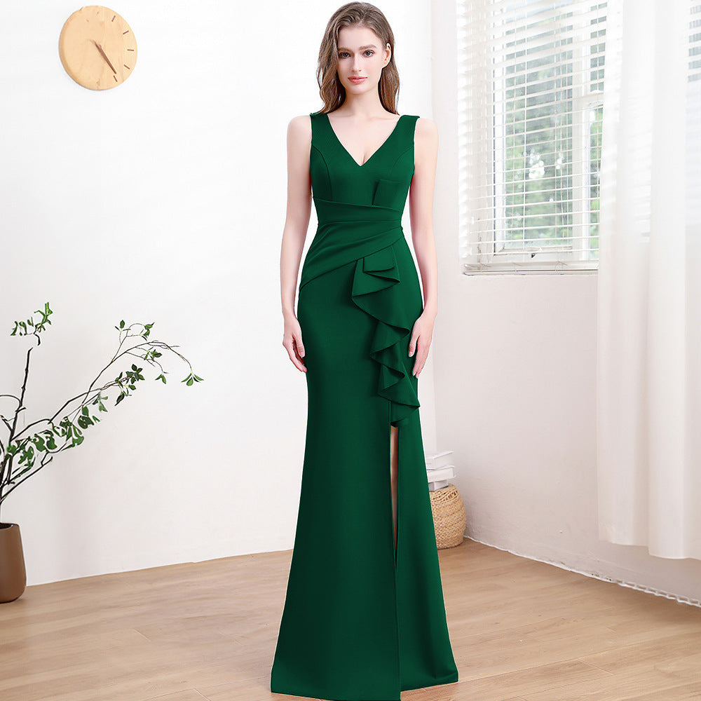 Evening Gown For Women High-end Elegant Simple And Light Luxury Dark Green 18173 GlamzKart