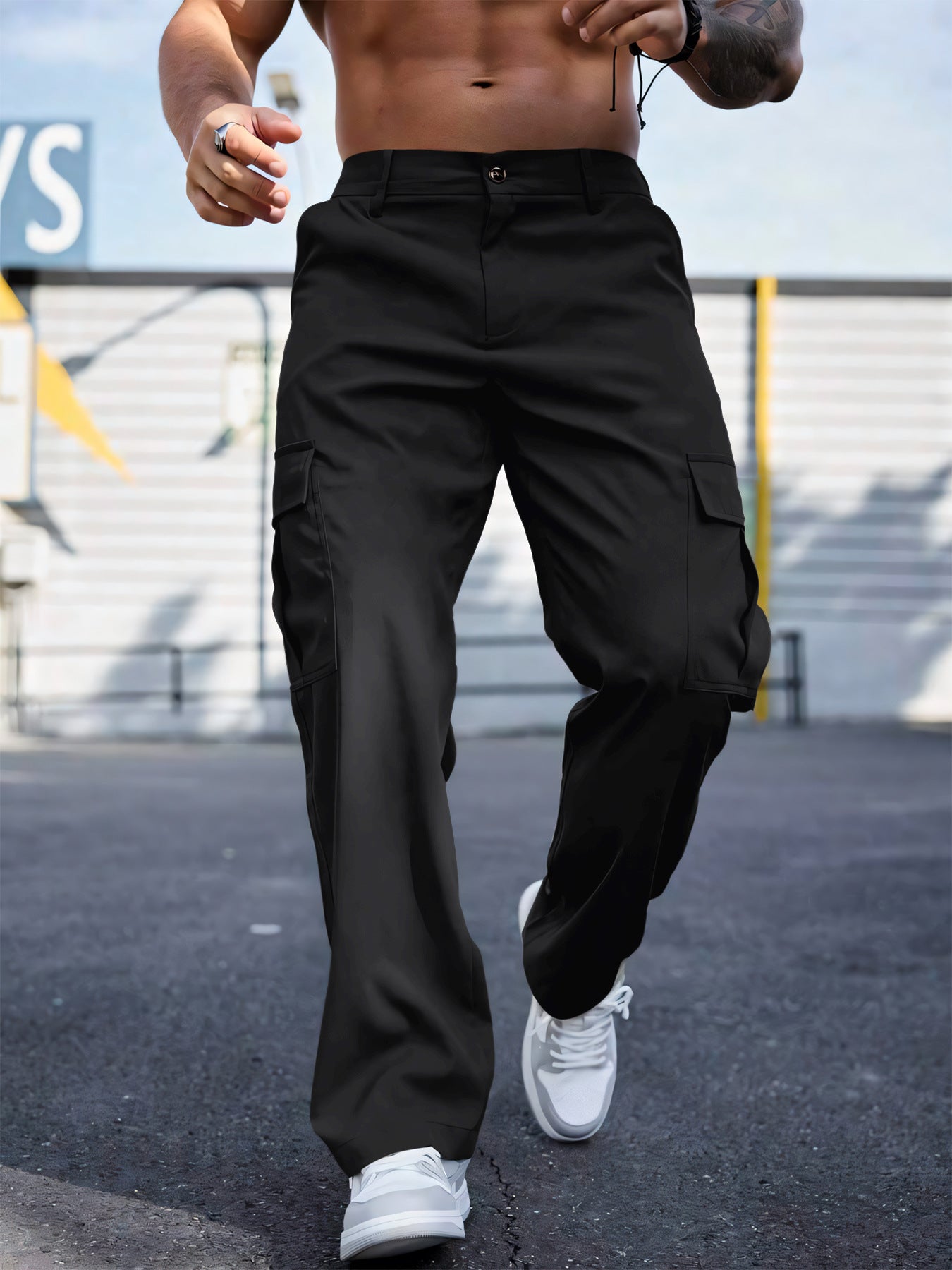 Wear-resistant Sports Straight Loose Cargo Pants Black GlamzKart