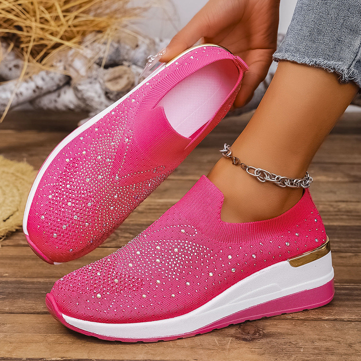 Pumps Women's Summer Wedge Round Toe Rhinestone Slip-on Women's Pumps Pumps Rose Red GlamzKart