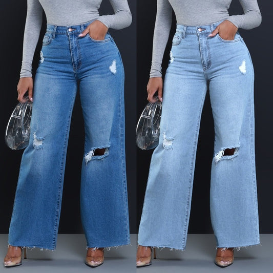 Women's Ripped High Waist Loose Straight Wide Leg Jeans GlamzKart