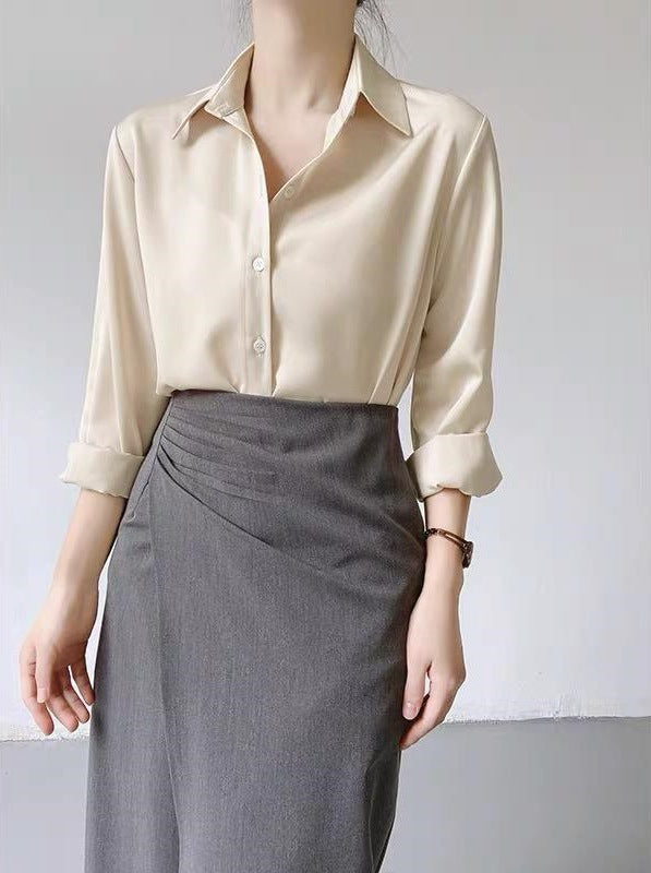 Women's High-grade Green Satin Shirt Champagne Apricot GlamzKart