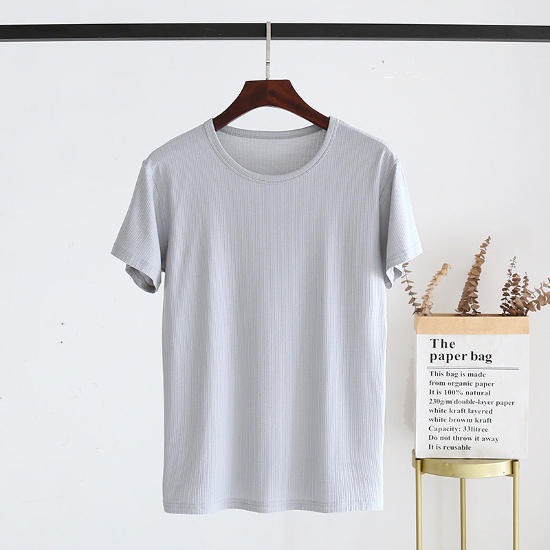 Men's Summer Jacquard Modal Outerwear T-shirt Pajamas Solid Color Sweat-absorbent Cool Breathable Fabric Round Neck Light Gray GlamzKart