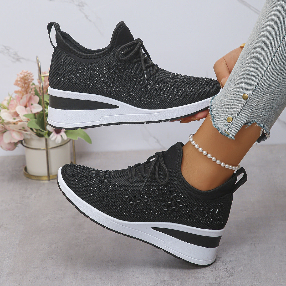 Rhinestone Lace Up Fashion Style Daily Commuter Women's Casual Shoes Black GlamzKart
