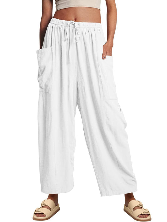 Stretched-waist Pleated High-waisted Wide-leg Loose Casual Cotton And Linen Long Pants White GlamzKart