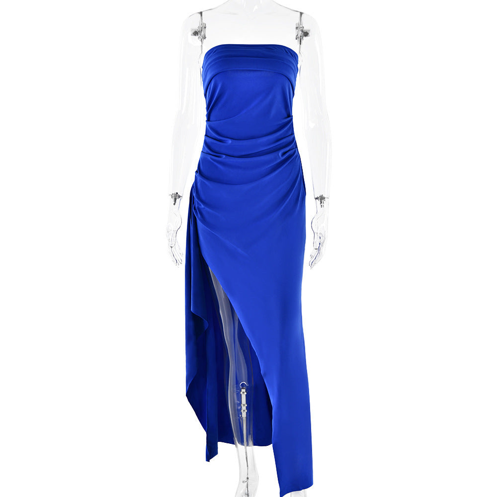 Evening Gown Women's One Neck Strapless Dress Fashionable And Sexy Backless High Slit Long Dress Blue GlamzKart