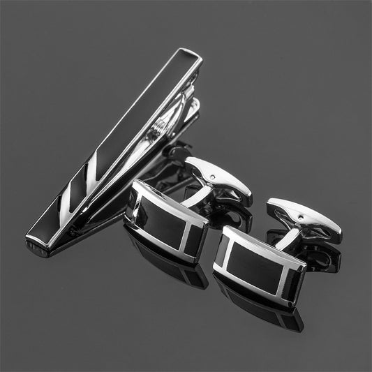 Black Enamel Silver Diagonal Stripes Tie Clip Cuff Buckle Set GlamzKart