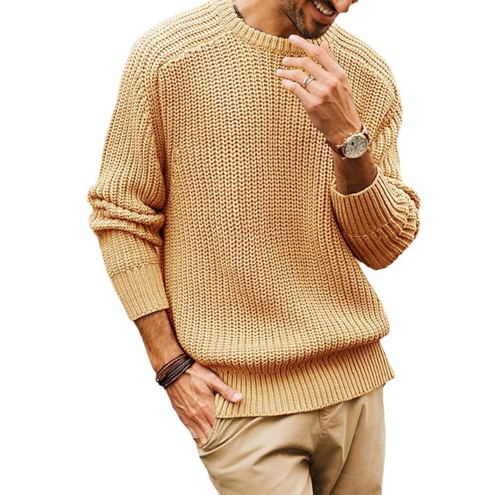 Men's Solid Color Long Sleeve Round Neck Fashion Sweater Loose Retro Sweater GlamzKart
