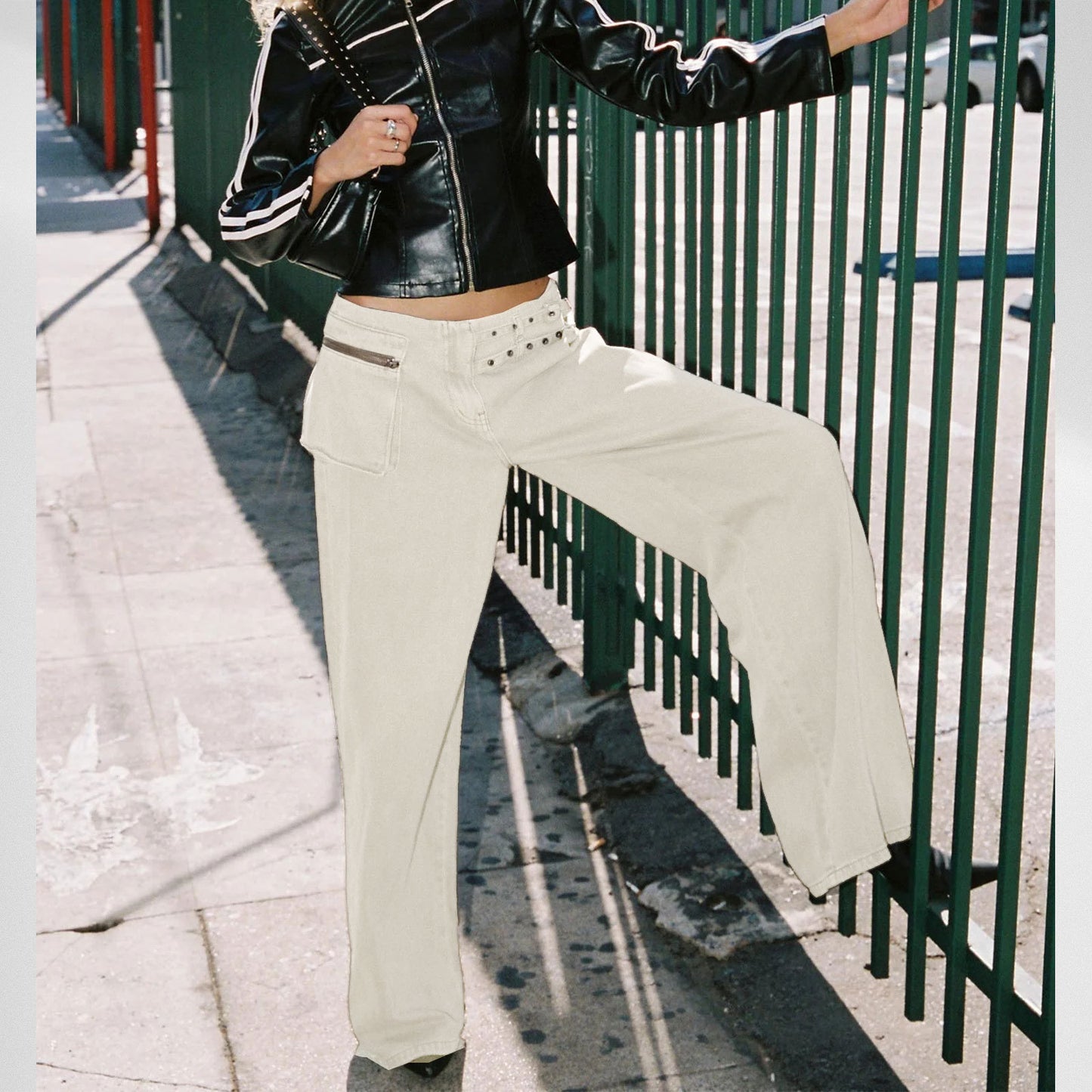 European And American Dark Wide-leg Jeans Personalized Belt Buckle Asymmetric Pocket Drag Sister Out Of The Street Apricot GlamzKart