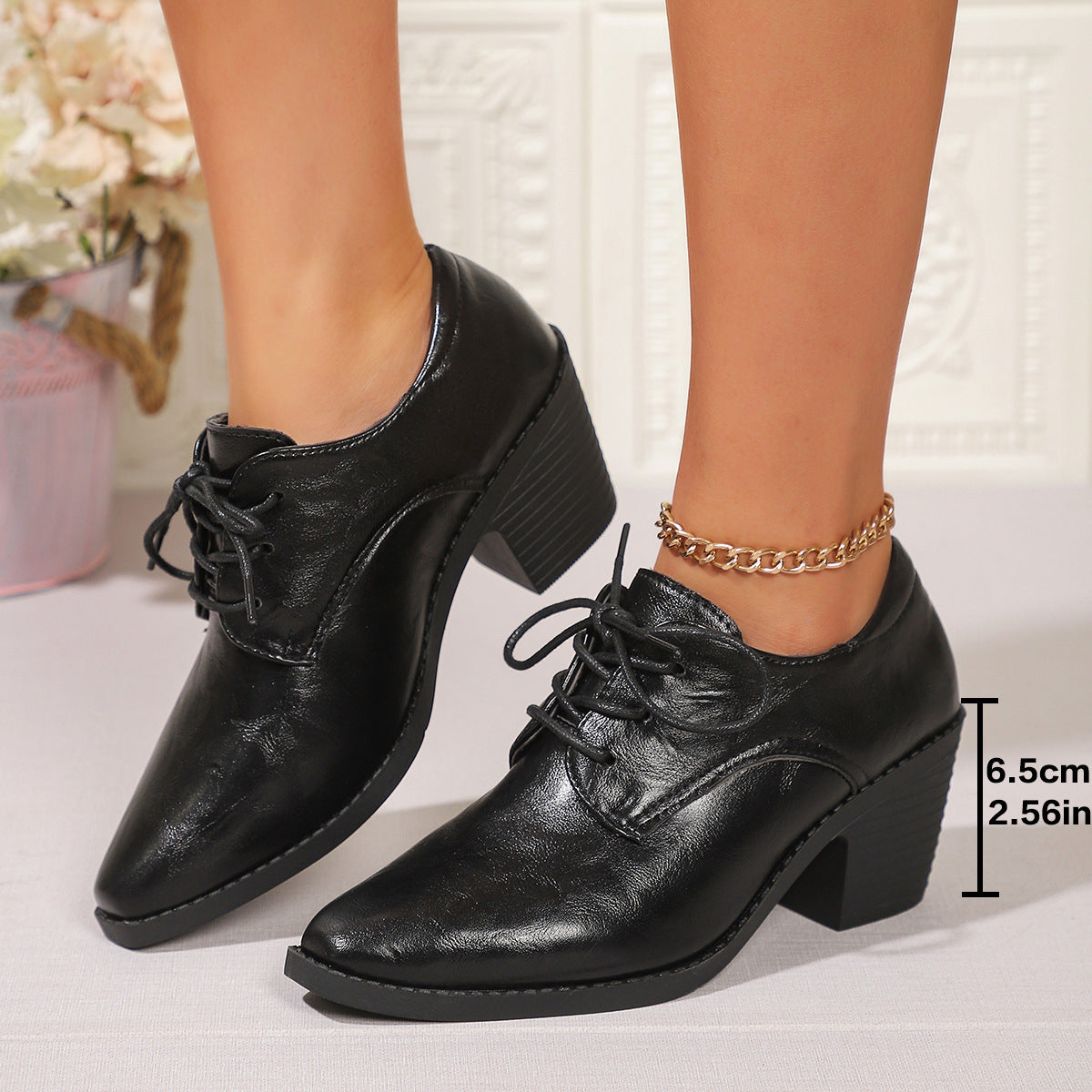Pointed British Style High Heel Chunky Heel Front Lace-up Low-top Leather Shoes Black GlamzKart