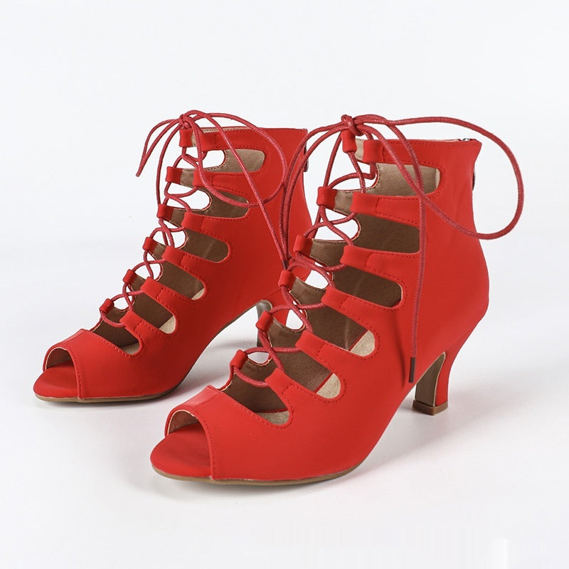 Women's Lace-up Latin Modern Jazz Dance Dance Shoe Red Heel Height 6cm GlamzKart