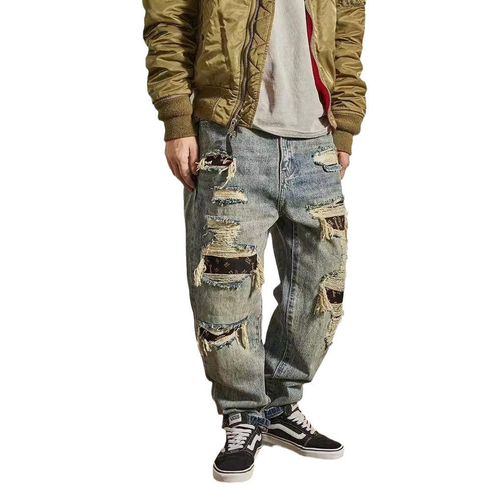 Jeans Men's Loose Straight Tapered Distressed Broken Holes Pants GlamzKart