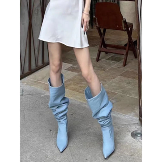 Pointed Toe Women's Stiletto Denim High Heel Below The Knee Boots GlamzKart