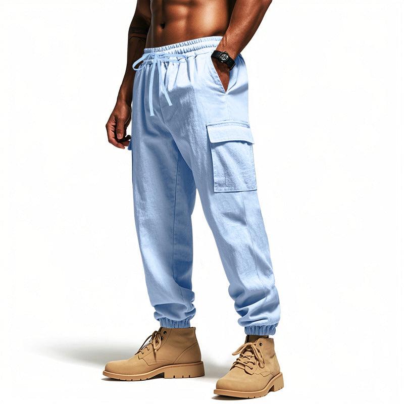 Loose Multi-pocket Workwear Ankle Banded Slacks Light Blue GlamzKart