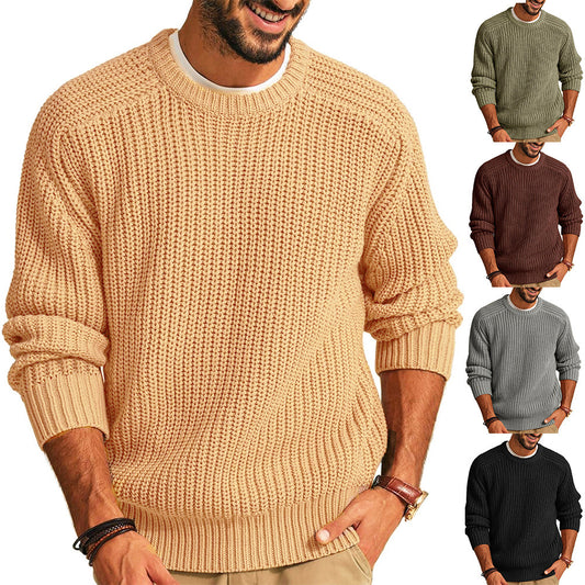 Men's Solid Color Long Sleeve Round Neck Fashion Sweater Loose Retro Sweater GlamzKart