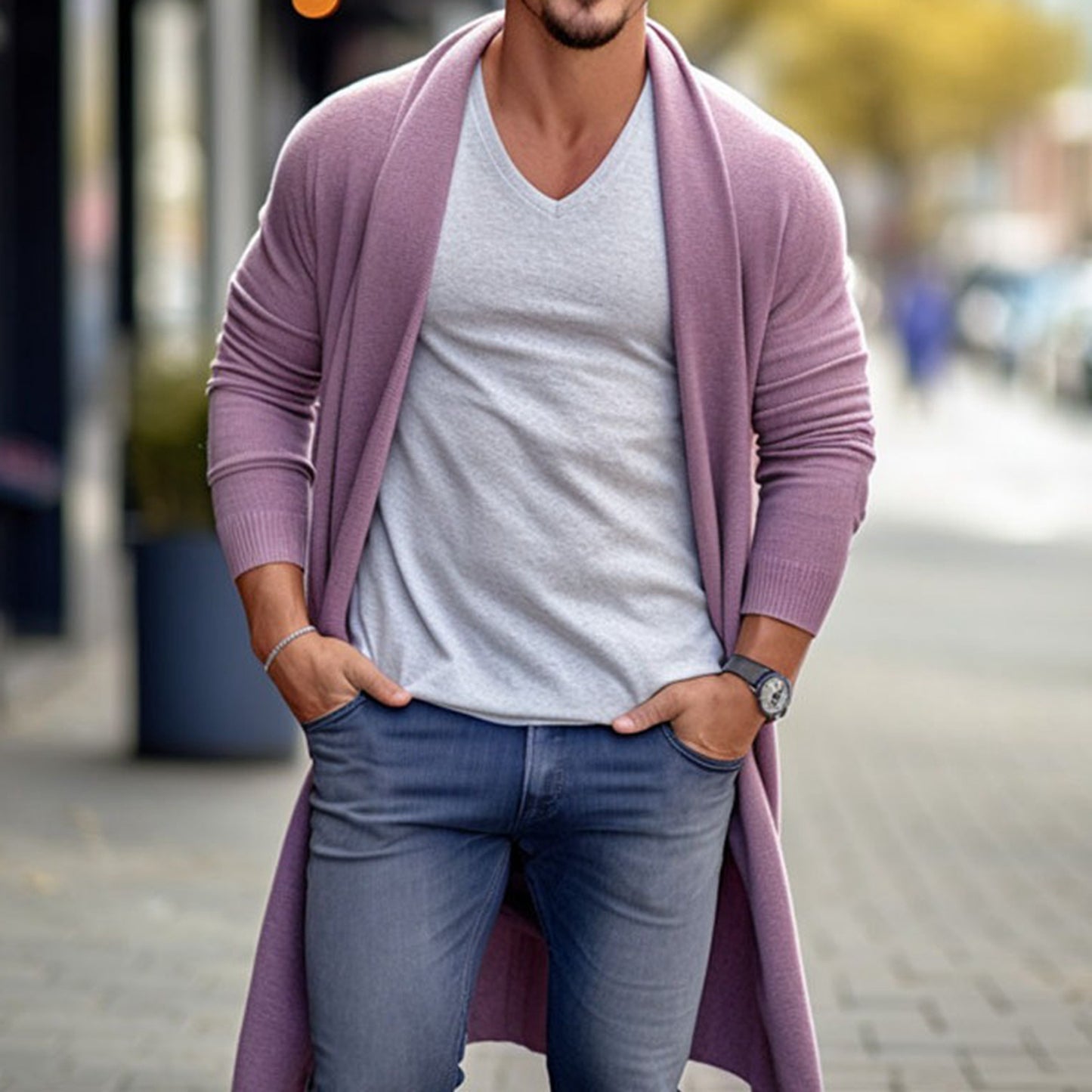 Fashion Personality Men's Loose Long Woolen Coat Pink Purple GlamzKart